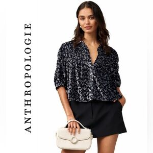 Anthropologie Maeve Leandra Navy Velvet Shirred Yoke Blouse XXS Bow Coquette NWT